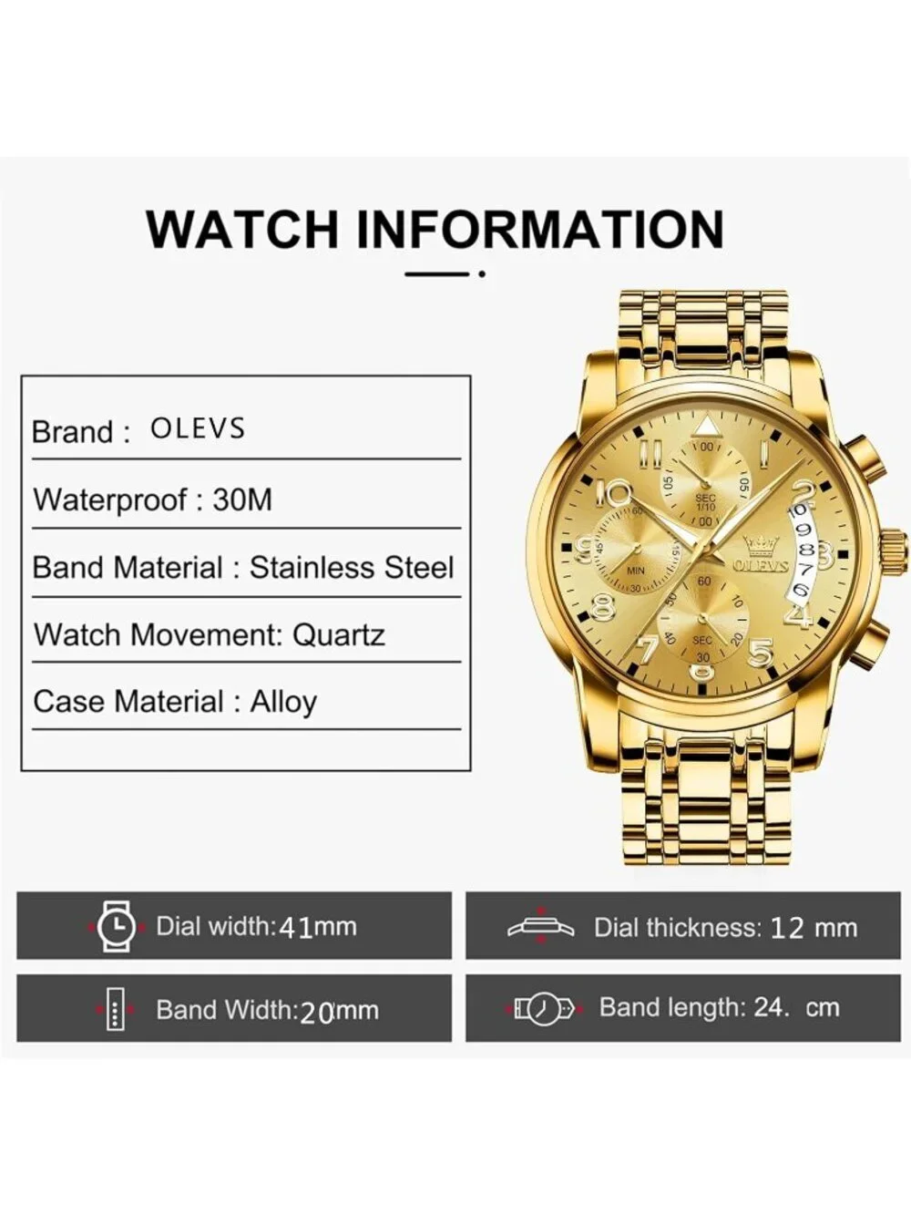 Olevs Men's All Gold Multifunction Waterproof Luminous Chronograph Wrist Watch